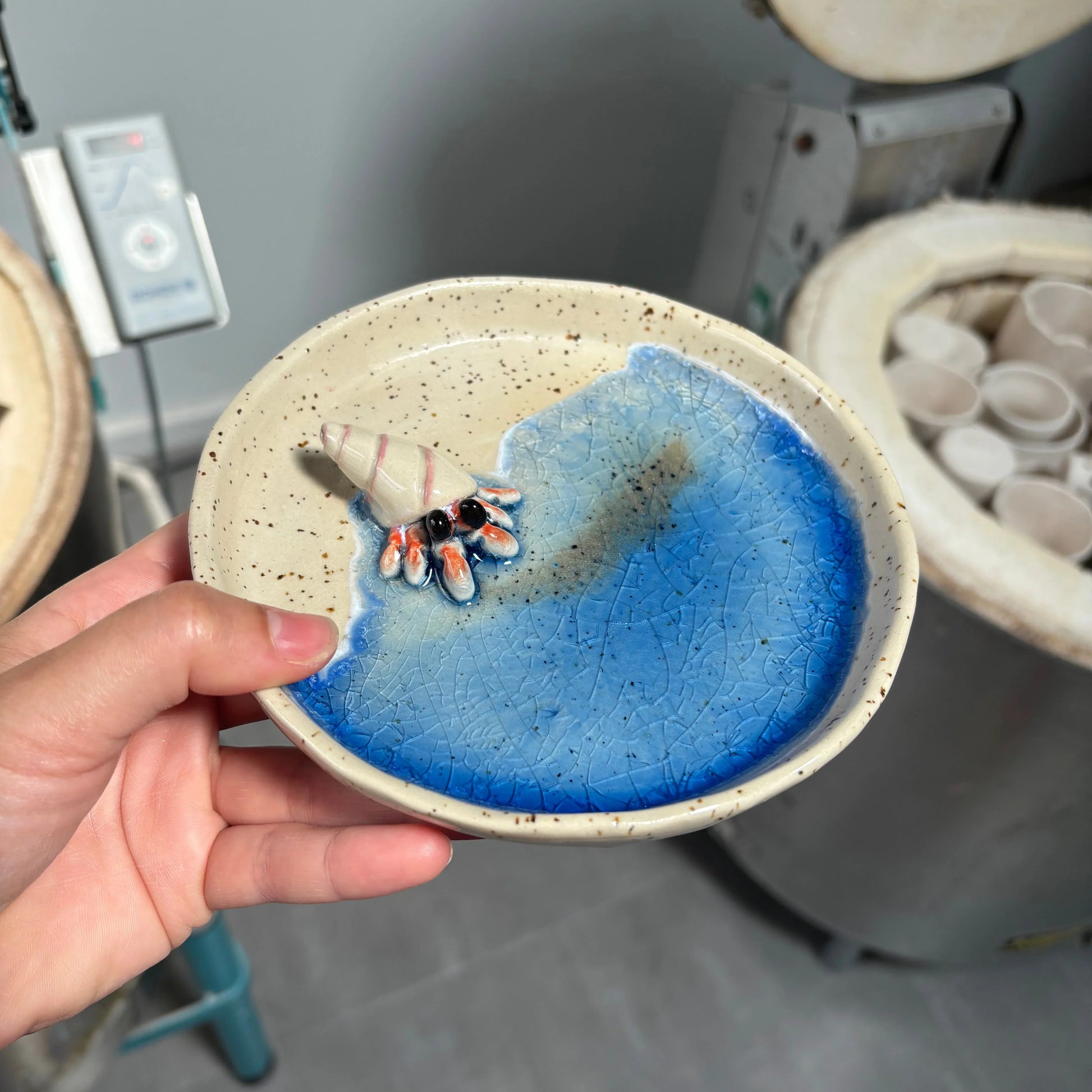 Plato de cerámica artesanal Hecho por Su con cangrejo hermitaño pintado a mano, diseño personalizado, tonos azules y beige.